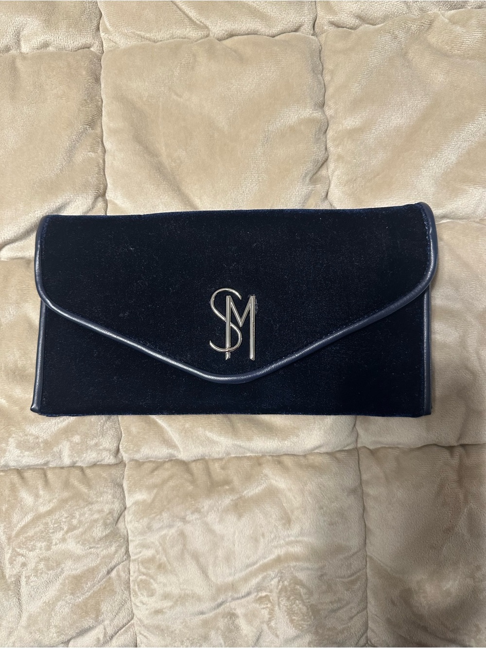 Steve Madden Monogram Navy Velvet Envelope Clutch